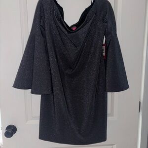 Vince Camuto Black Shimmer Off The Shoulder Bell Sleeve Cocktail Party Dress L